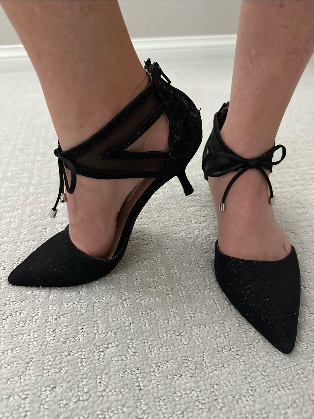 Nina Black Pointed Lace-Up Mesh Kitten Heels